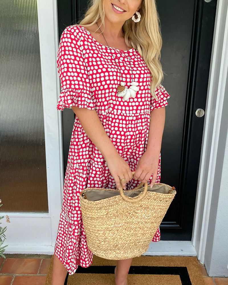 Vestido midi | Cuello redondo estampado de lunares