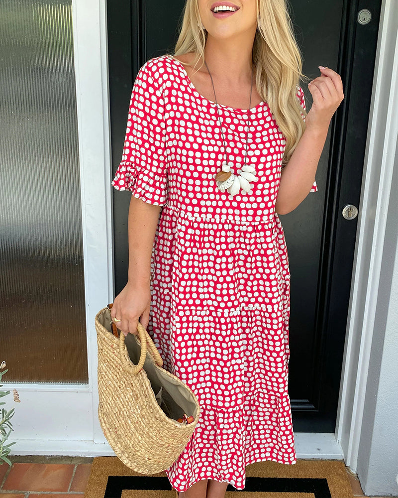 Vestido midi | Cuello redondo estampado de lunares