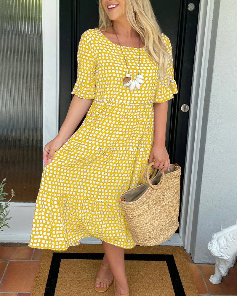 Vestido midi | Cuello redondo estampado de lunares